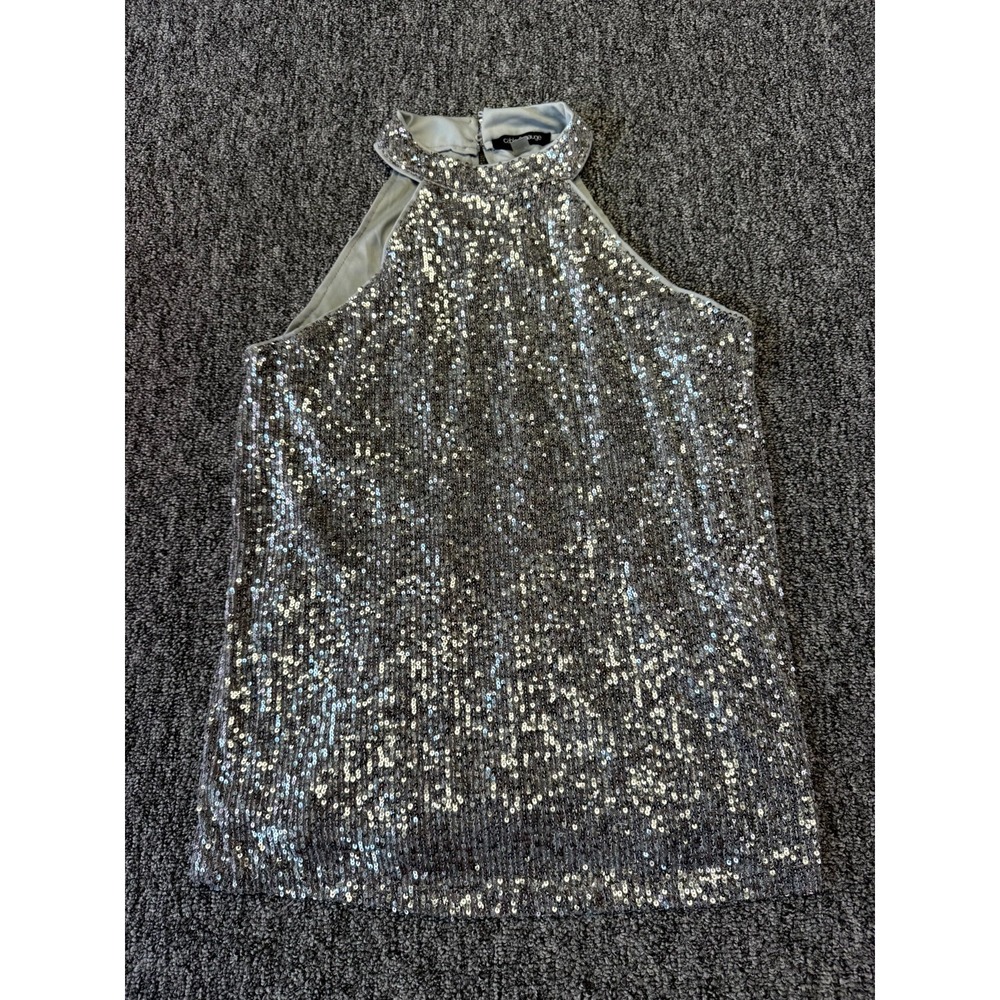 Cable & Gauge Top Women Medium Silver Sequin Halter Neck Sleeveless Keyhole Back